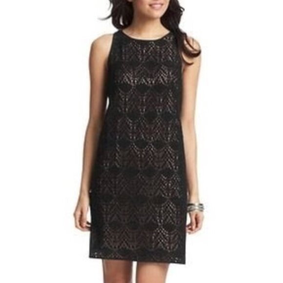 ANN TAYLOR LOFT Black Beige Crochet Sleeveless Tie Bow Back Cotton Shift Dress 6 - Picture 1 of 12